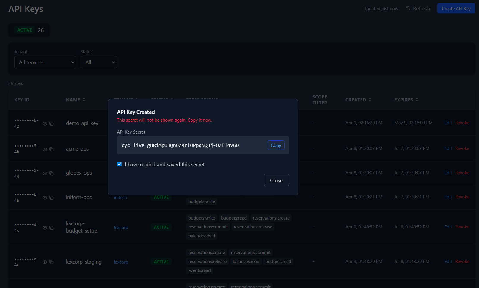 API Key Created dialog showing the one-time secret with copy button and confirmation checkbox