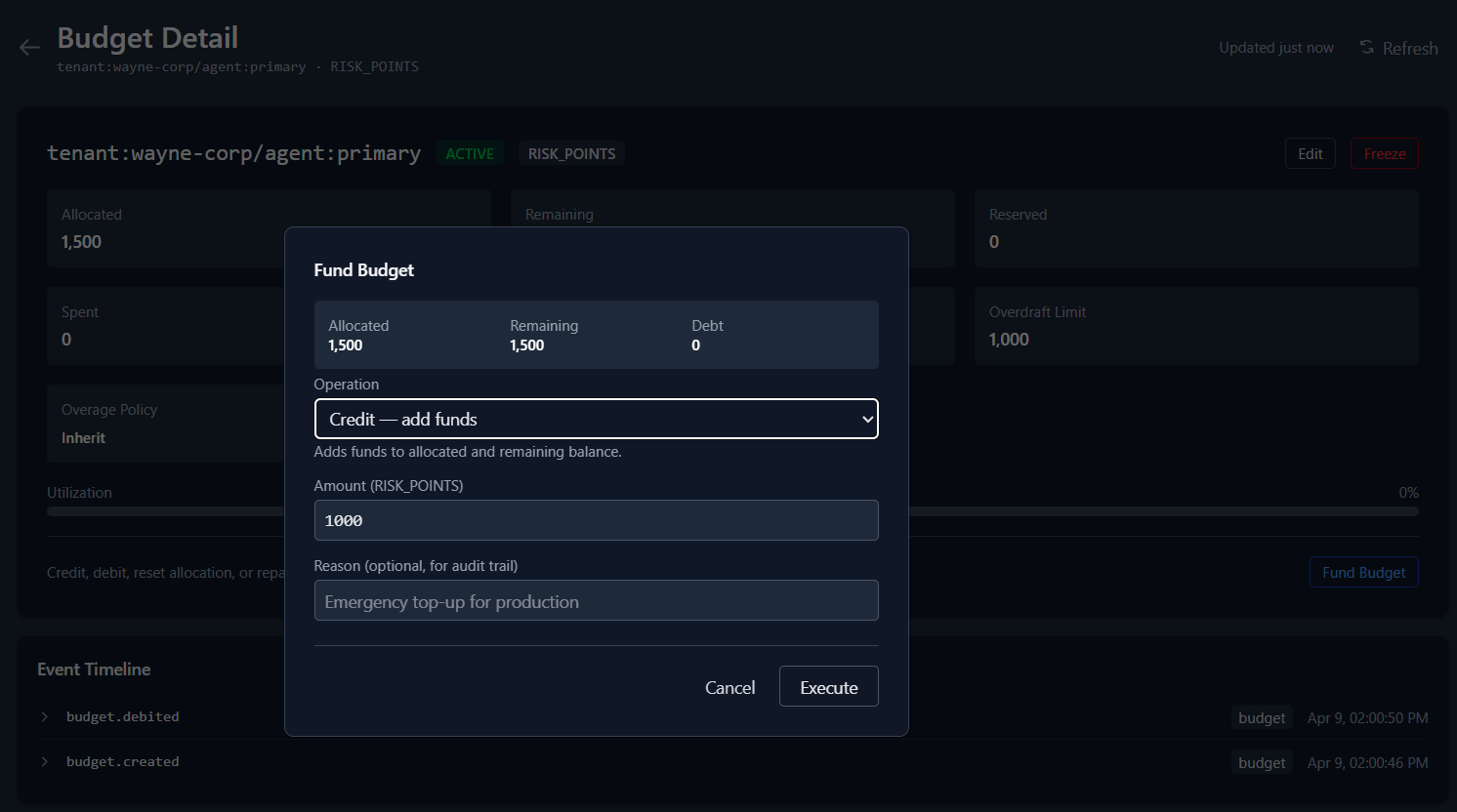 Budget detail showing RISK_POINTS utilization at 85% with the Fund Budget dialog open
