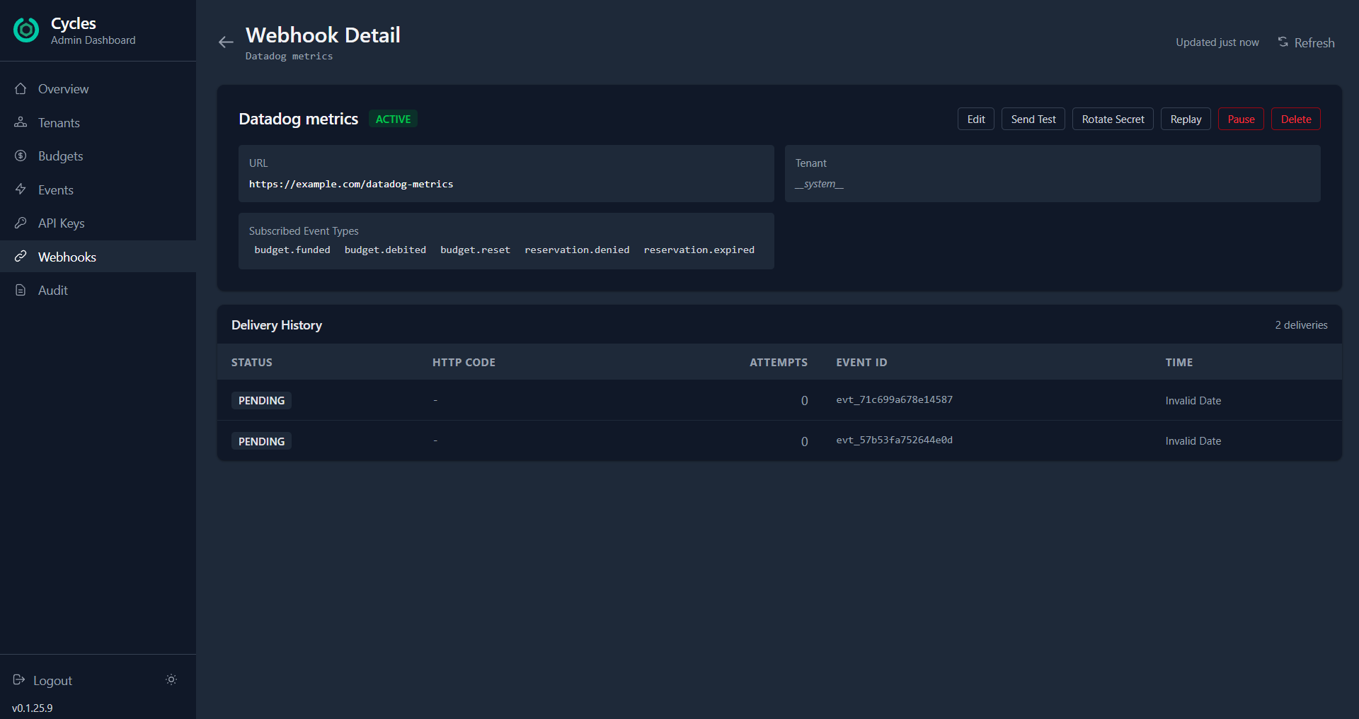 Webhook detail showing action buttons, subscribed event types, and delivery history
